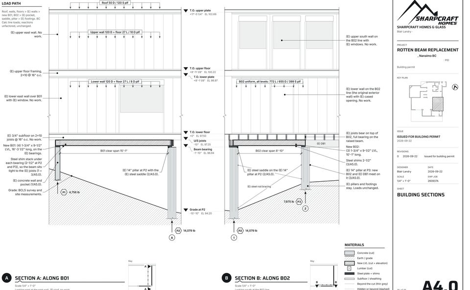 Cross-section from Sharpcraft permit drawings for a rotten beam replacement in Nanaimo