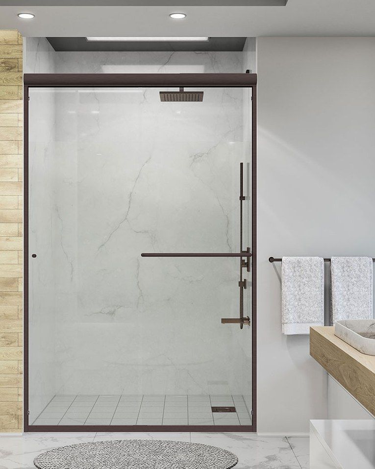 Sliding shower door: Slides on a bar, no room to swing. Shown: Agalite Silhouette. Photo: Agalite.